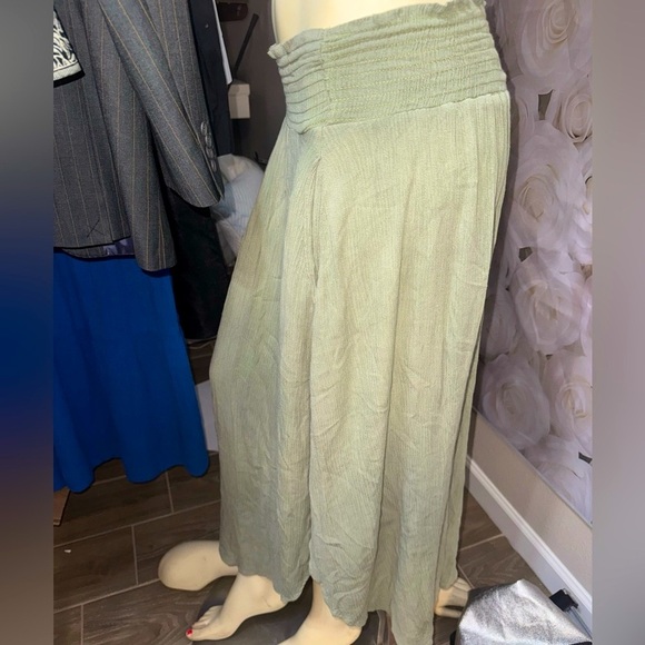 Final touch High waisted Boho Sage smocked waist Gauze Midi Skirt w Pockets M - Picture 3 of 15